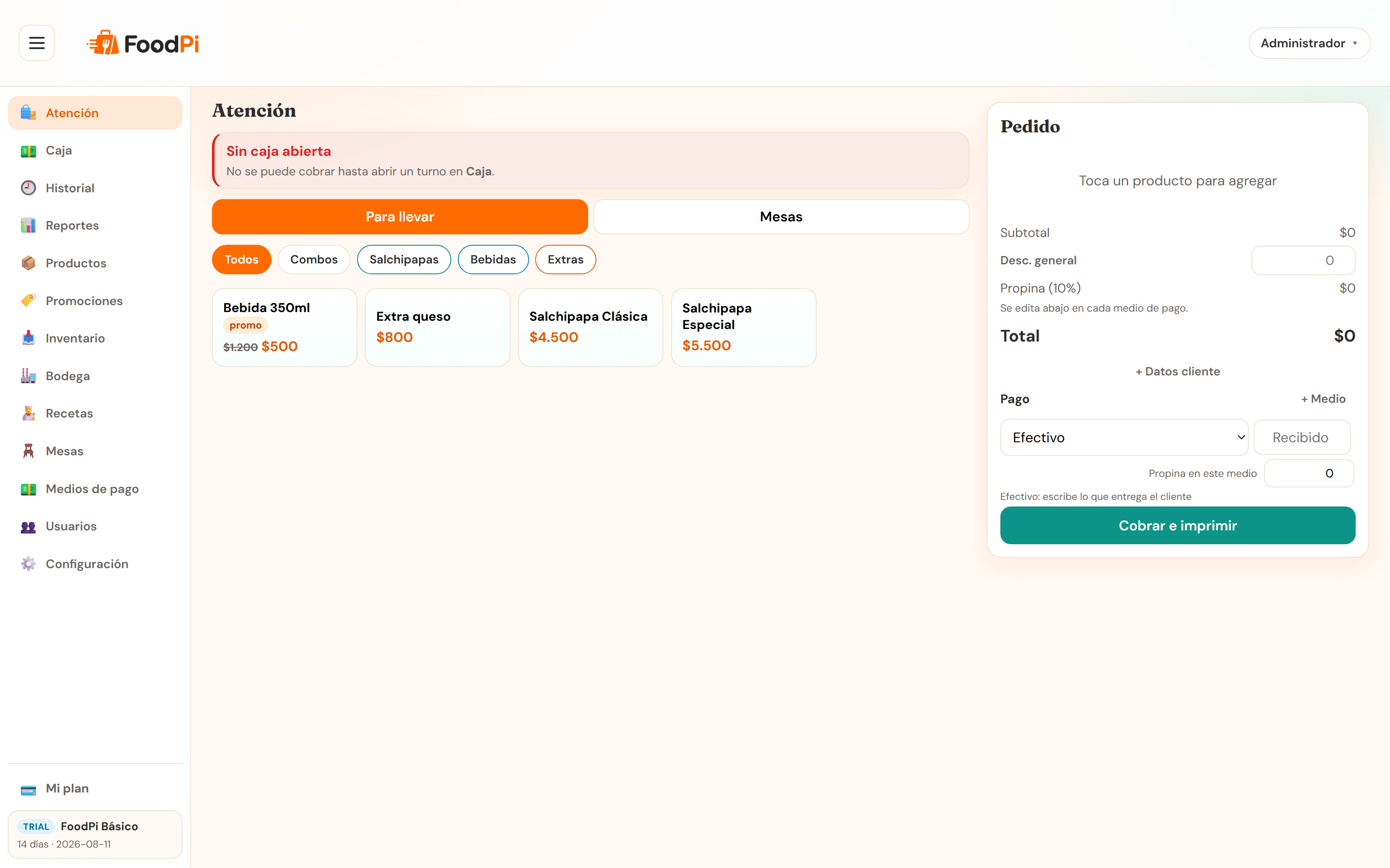 Sistema POS FoodPi: pantalla de atención con productos, pedido y botón cobrar e imprimir